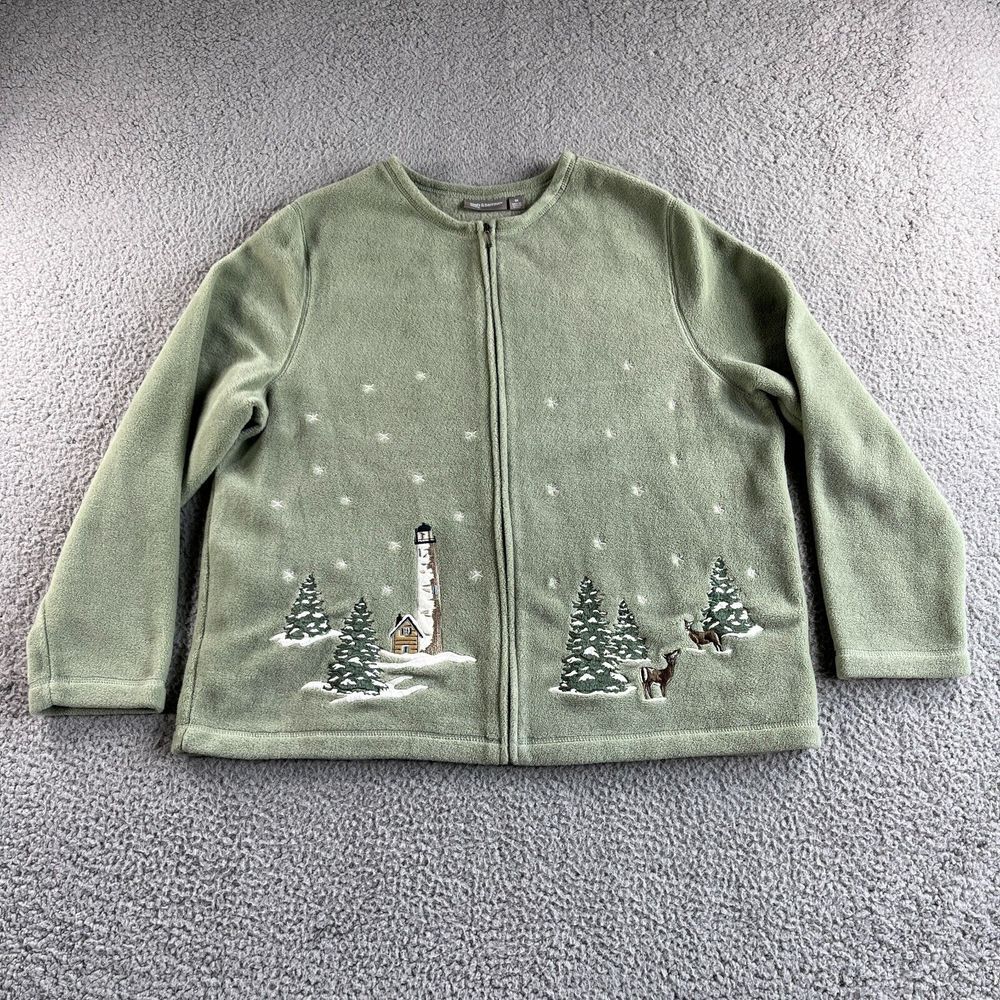 NEW Vintage Croft & Barrow Jacket Womens Plus Size 1X Green Fleece Zip Christmas